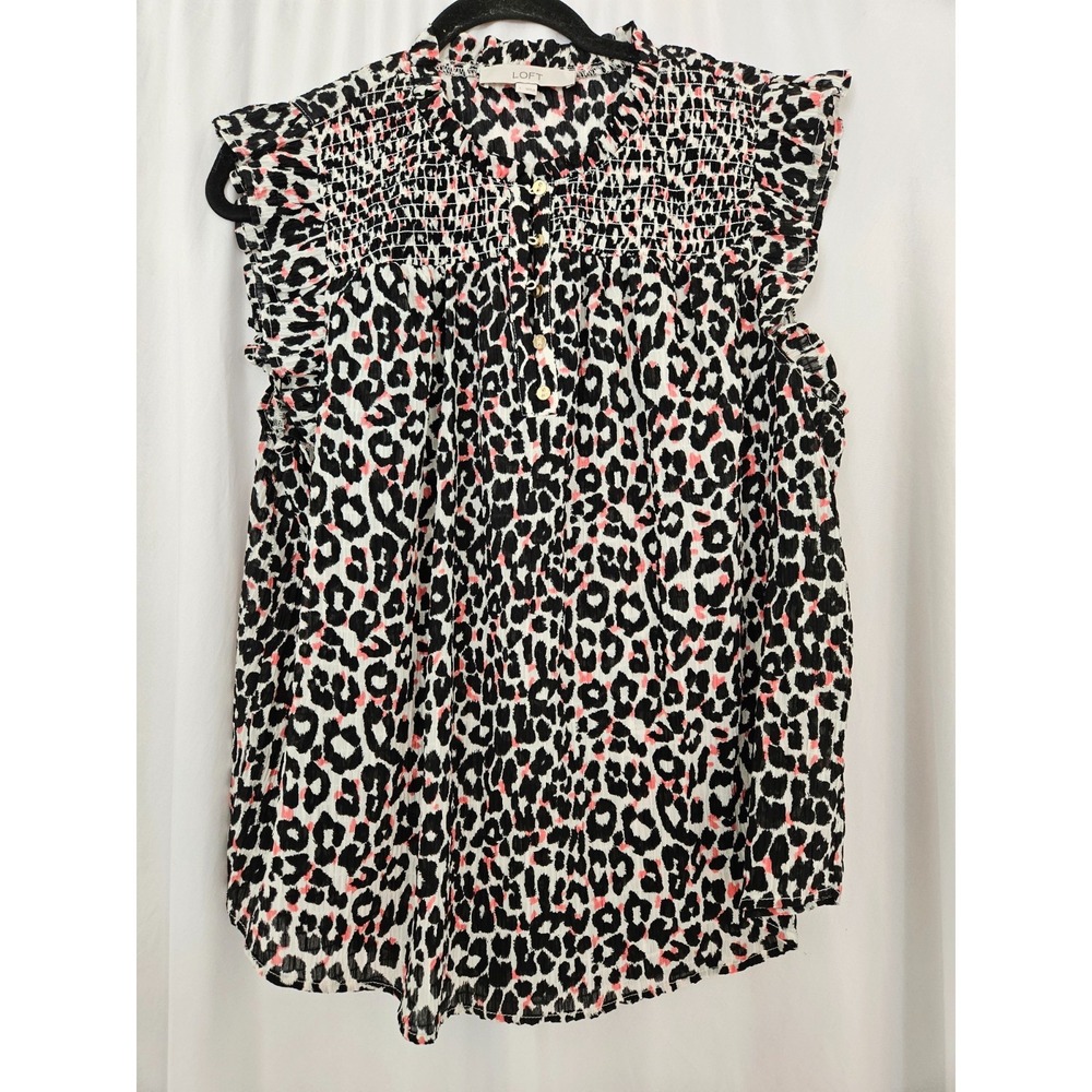 Women's Loft Leopard/Pink Print top, Smocked Yoke, Large